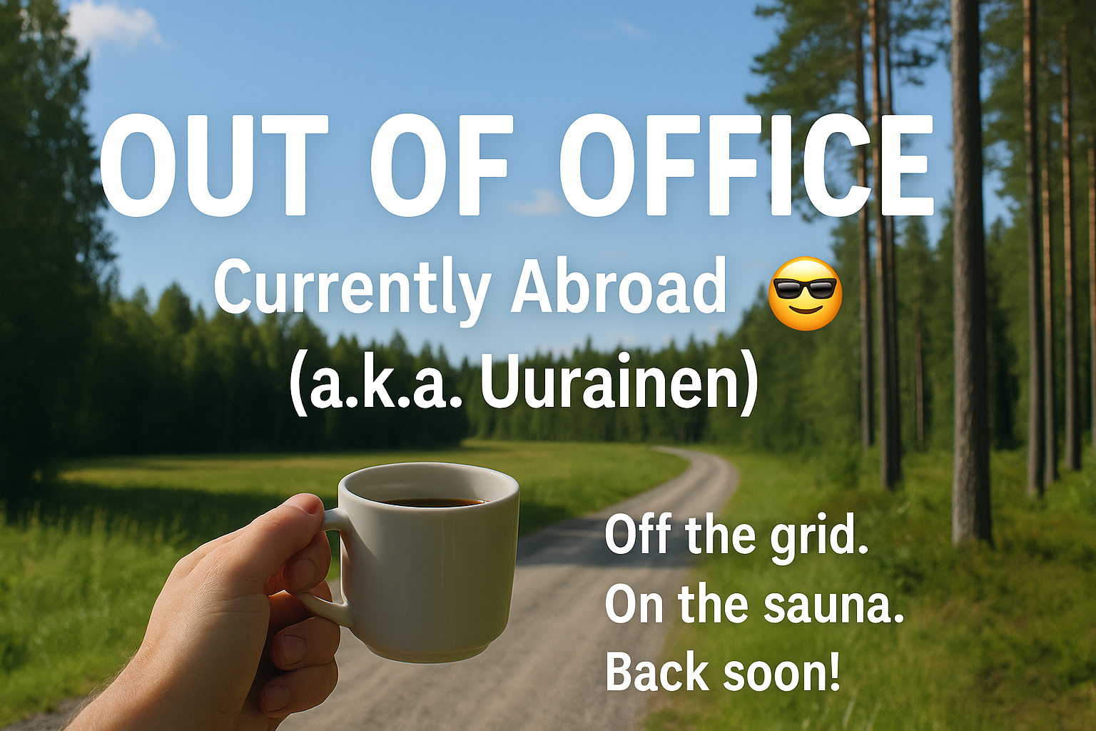 Out of office vacation banner for Suomiindo – relaxing in Uurainen, Finland with coffee and forest view.